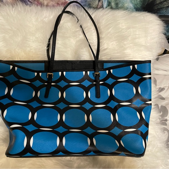 MICHAEL KORS JET SET TRAVEL DECO TURQUOISE BLACK WHITE TOTE -LARGE - Picture 2 of 7